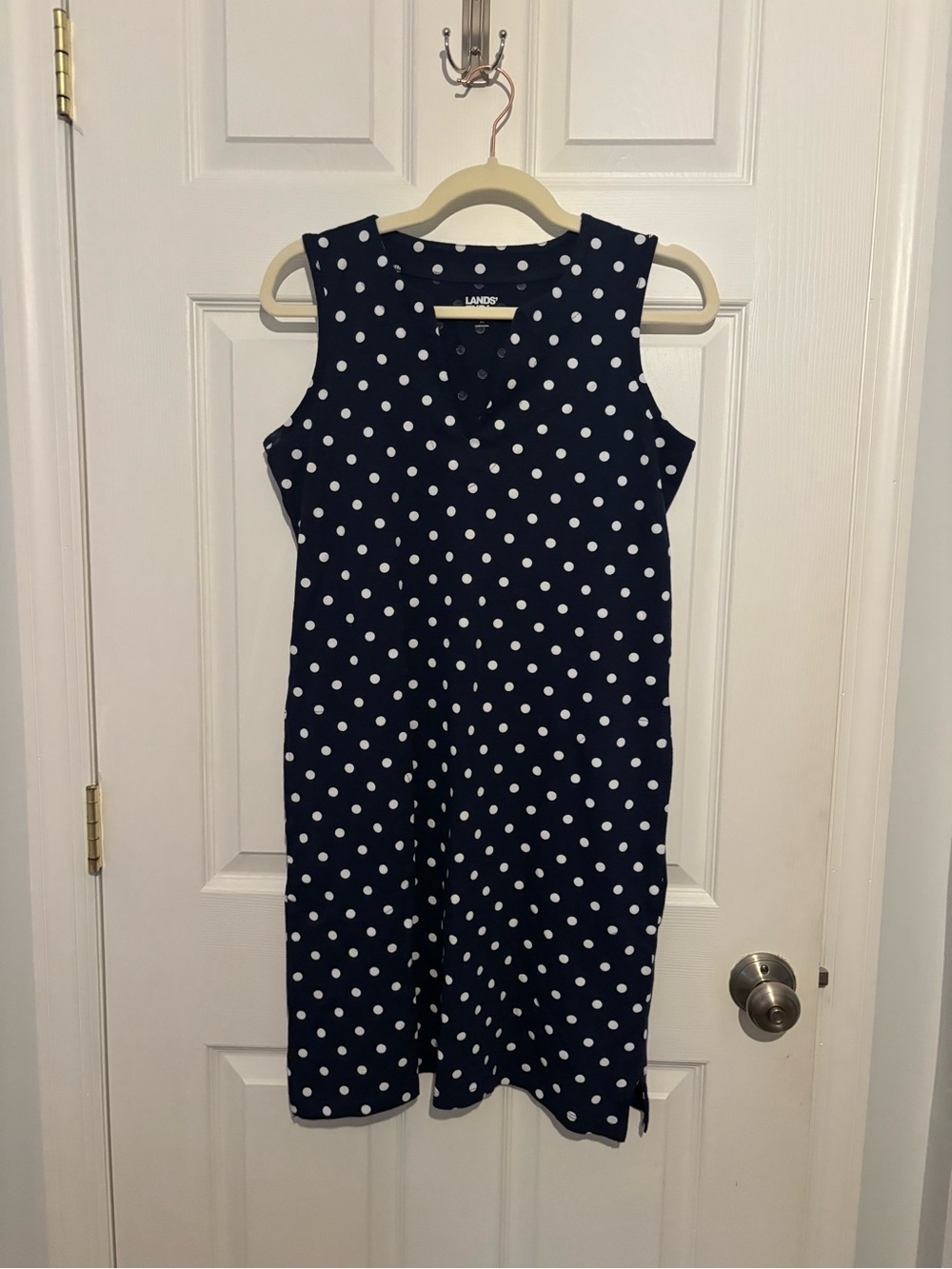 Lands' End Navy Sleeveless Polka Dot Shift Dress XS